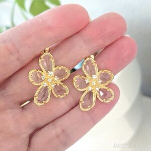 14K Gold Plated CZ Diamond Flower Stud Statement Earrings